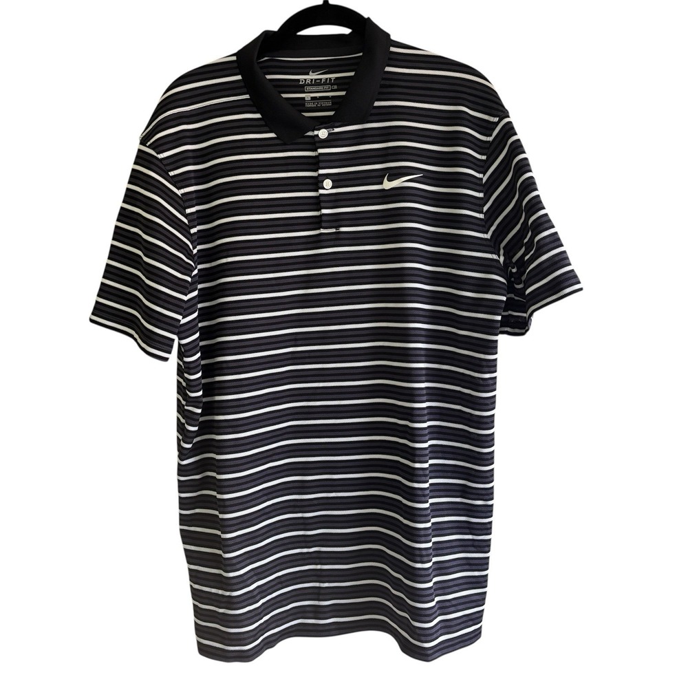 Nike Men's L Dri-Fit Polo Black Gray Stripe Short Sleeve Golfcore Sporty Preppy